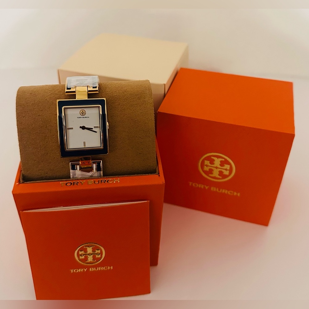 NWT TBW5052 Tory Burch Buddy Blue Gold Tone Watch Geometric Small Bracelet